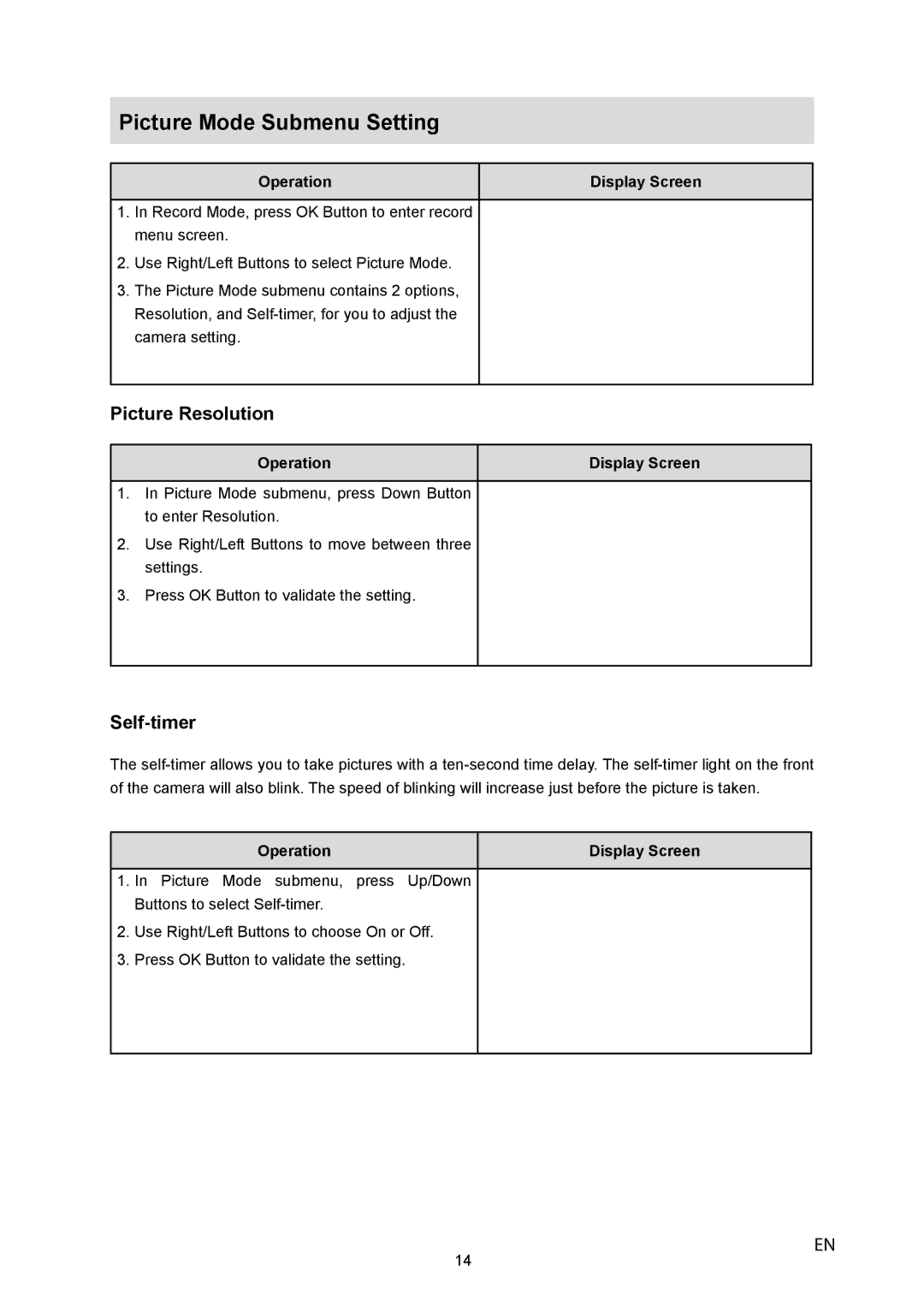 HP V5040u manual Picture Mode Submenu Setting, Picture Resolution, Self-timer 