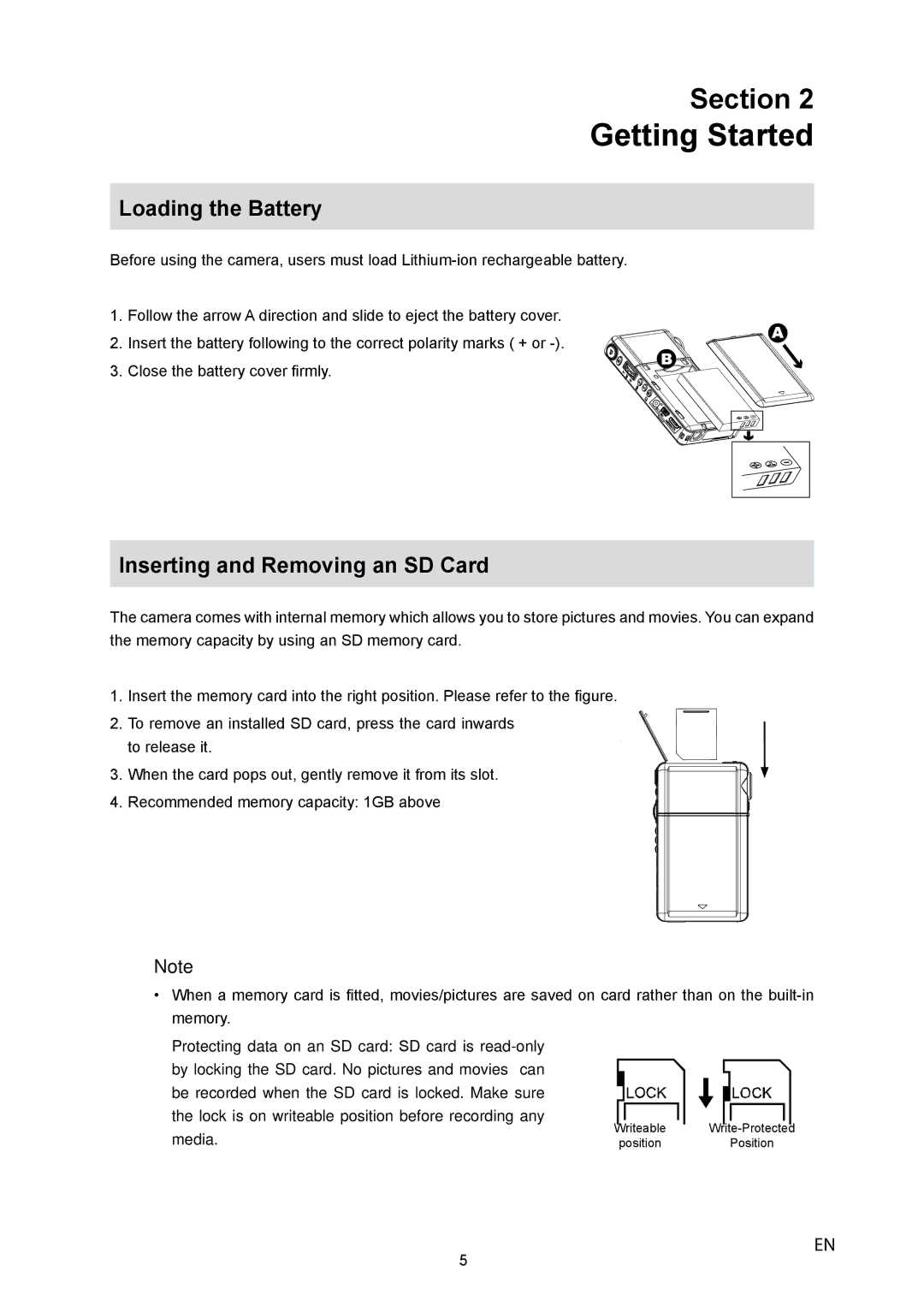 HP V5040u manual Getting Started, Loading the Battery, Inserting and Removing an SD Card 