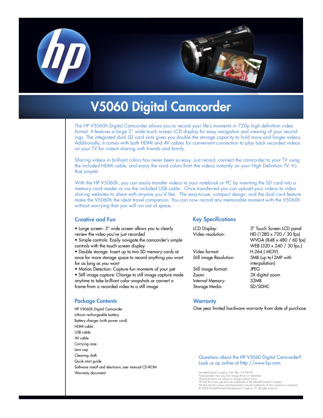 HP V5060h manual V5060 Digital Camcorder, Creative and Fun Key Specifications, Package Contents, Warranty 