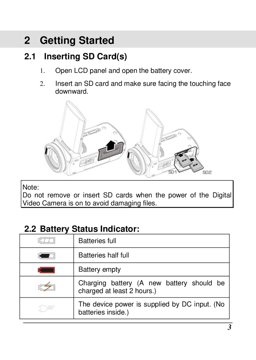 HP V5060h manual Inserting SD Cards, Battery Status Indicator 