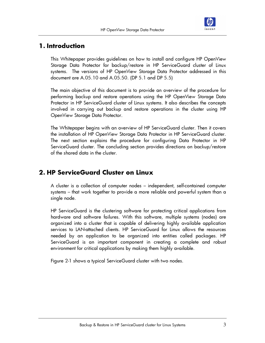HP V5.1 Software manual Introduction, HP ServiceGuard Cluster on Linux 