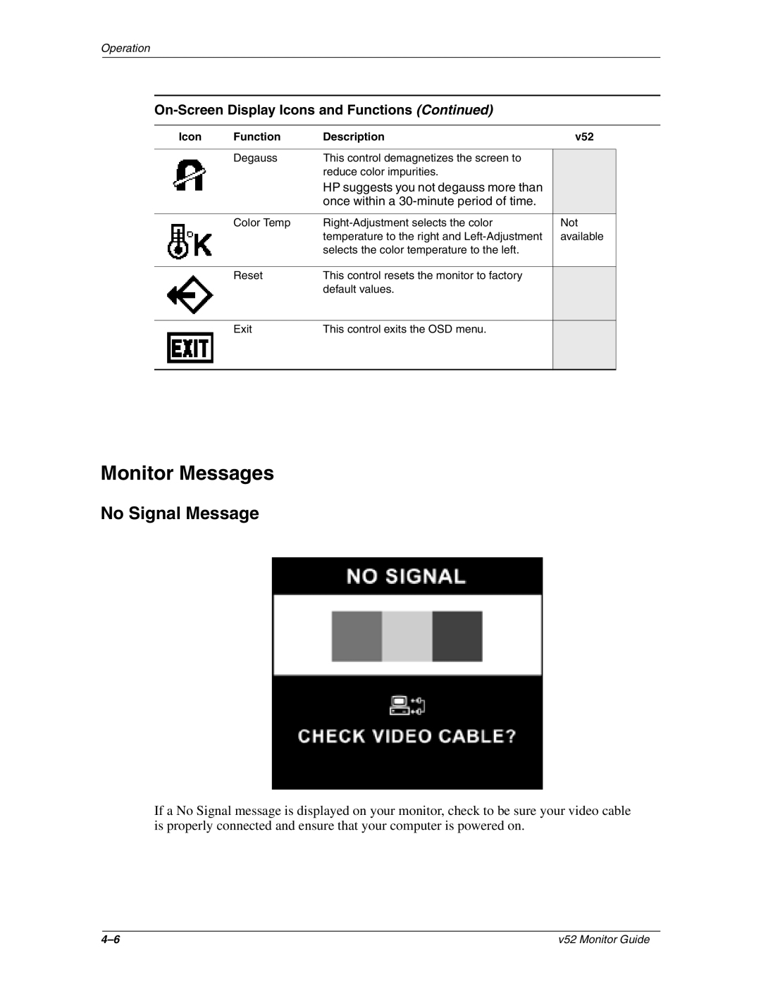 HP v52 15 inch manual Monitor Messages, No Signal Message 