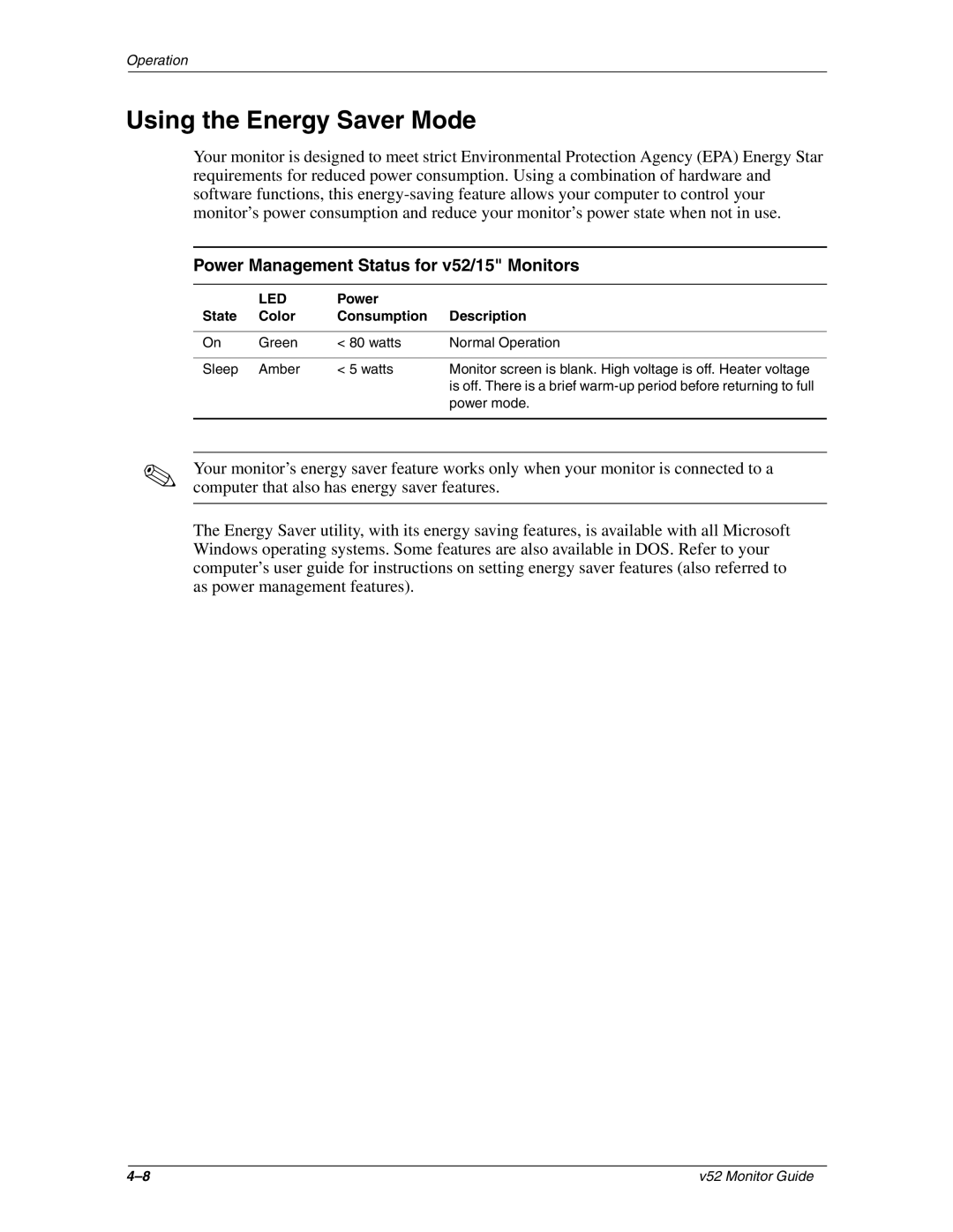 HP v52 15 inch manual Using the Energy Saver Mode, Power Management Status for v52/15 Monitors 