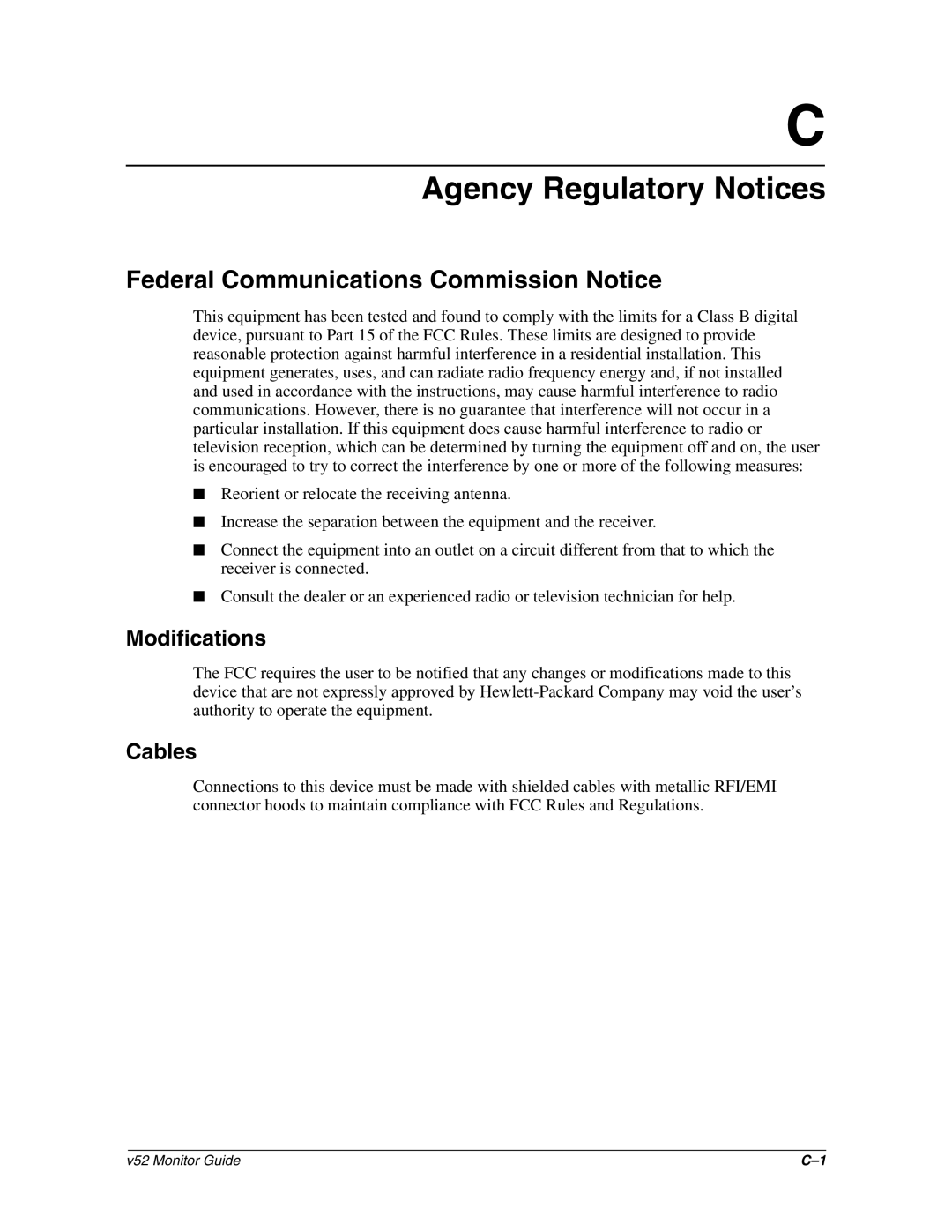 HP v52 15 inch manual Agency Regulatory Notices, Federal Communications Commission Notice, Modifications, Cables 