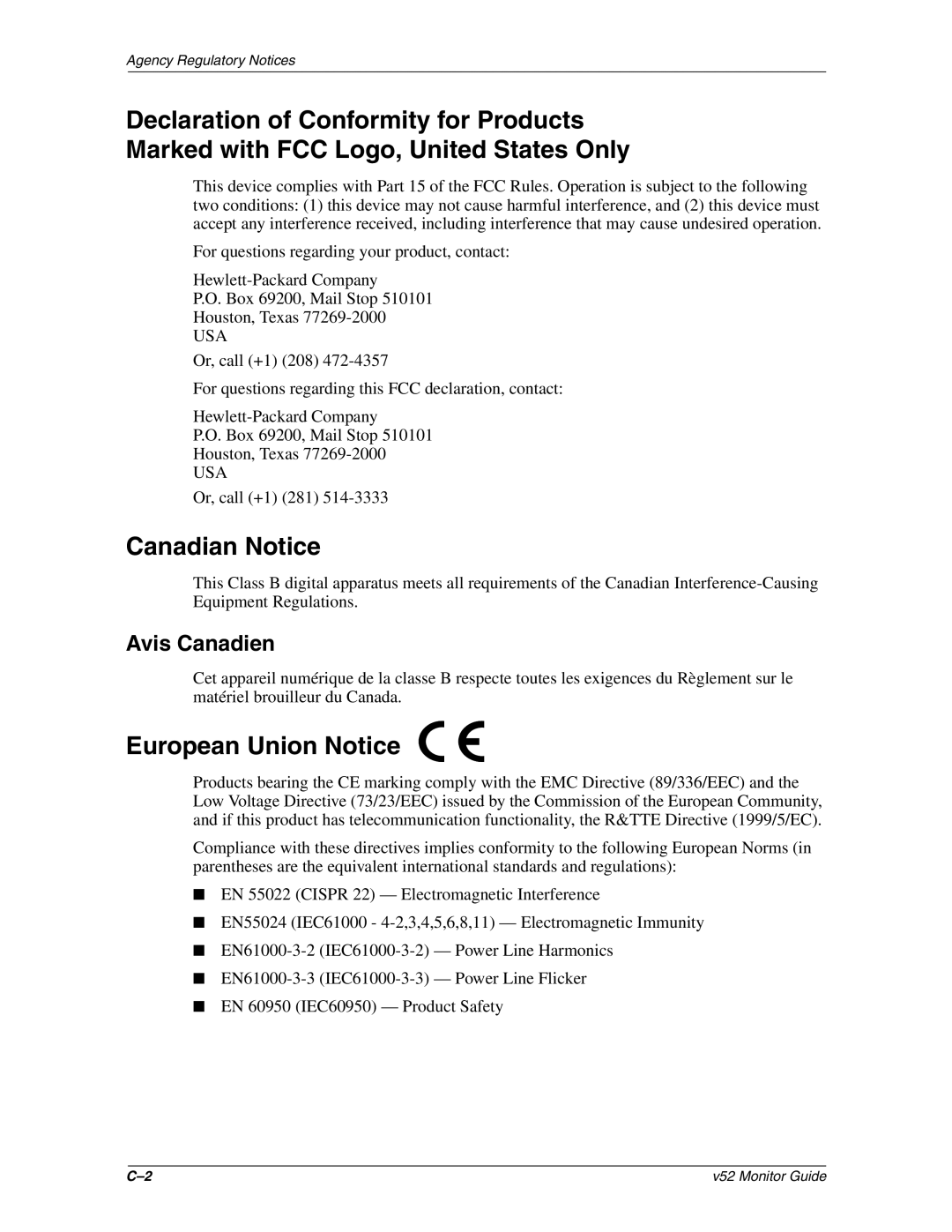 HP v52 15 inch manual Canadian Notice, European Union Notice, Avis Canadien 