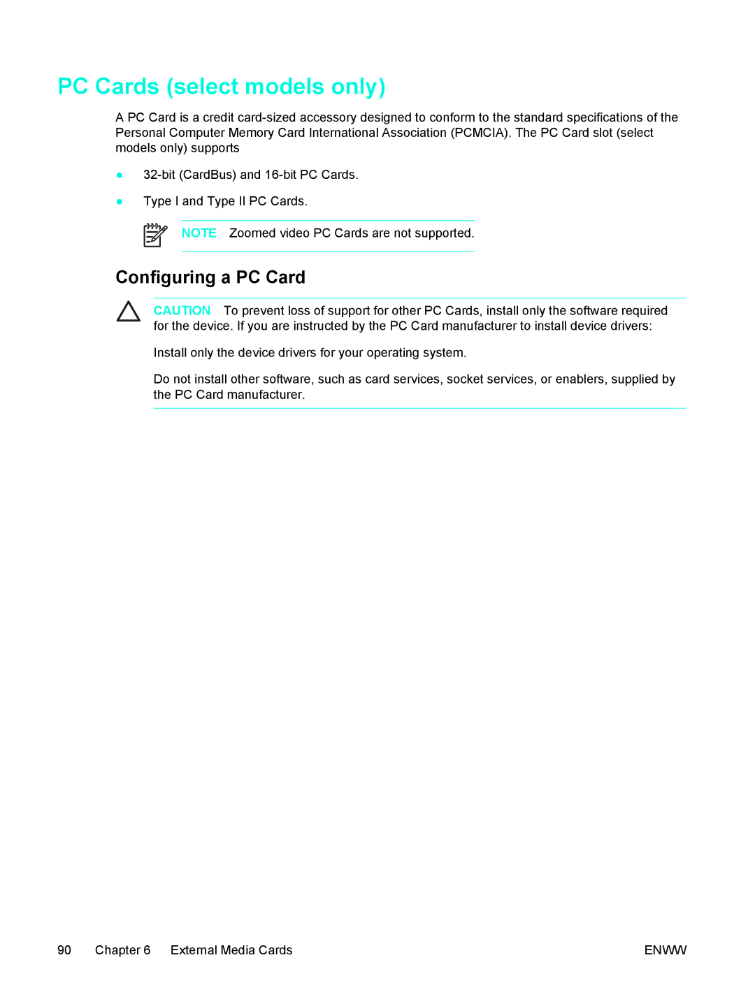 HP V5088XX, V5210US, V5206OM, V5304US, V5306US, V5315WM, V5310US, V5303NR PC Cards select models only, Configuring a PC Card 