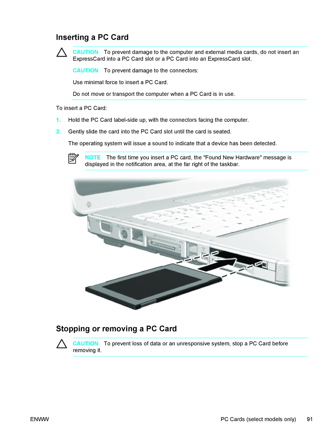 HP V5054EA, V5210US, V5206OM, V5304US, V5306US, V5315WM, V5310US, V5303NR Inserting a PC Card, Stopping or removing a PC Card 