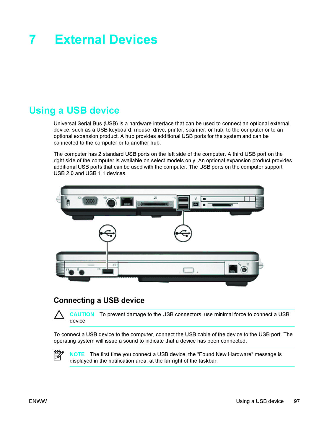 HP V5026EA, V5210US, V5206OM, V5304US, V5306US, V5315WM, V5310US External Devices, Using a USB device, Connecting a USB device 