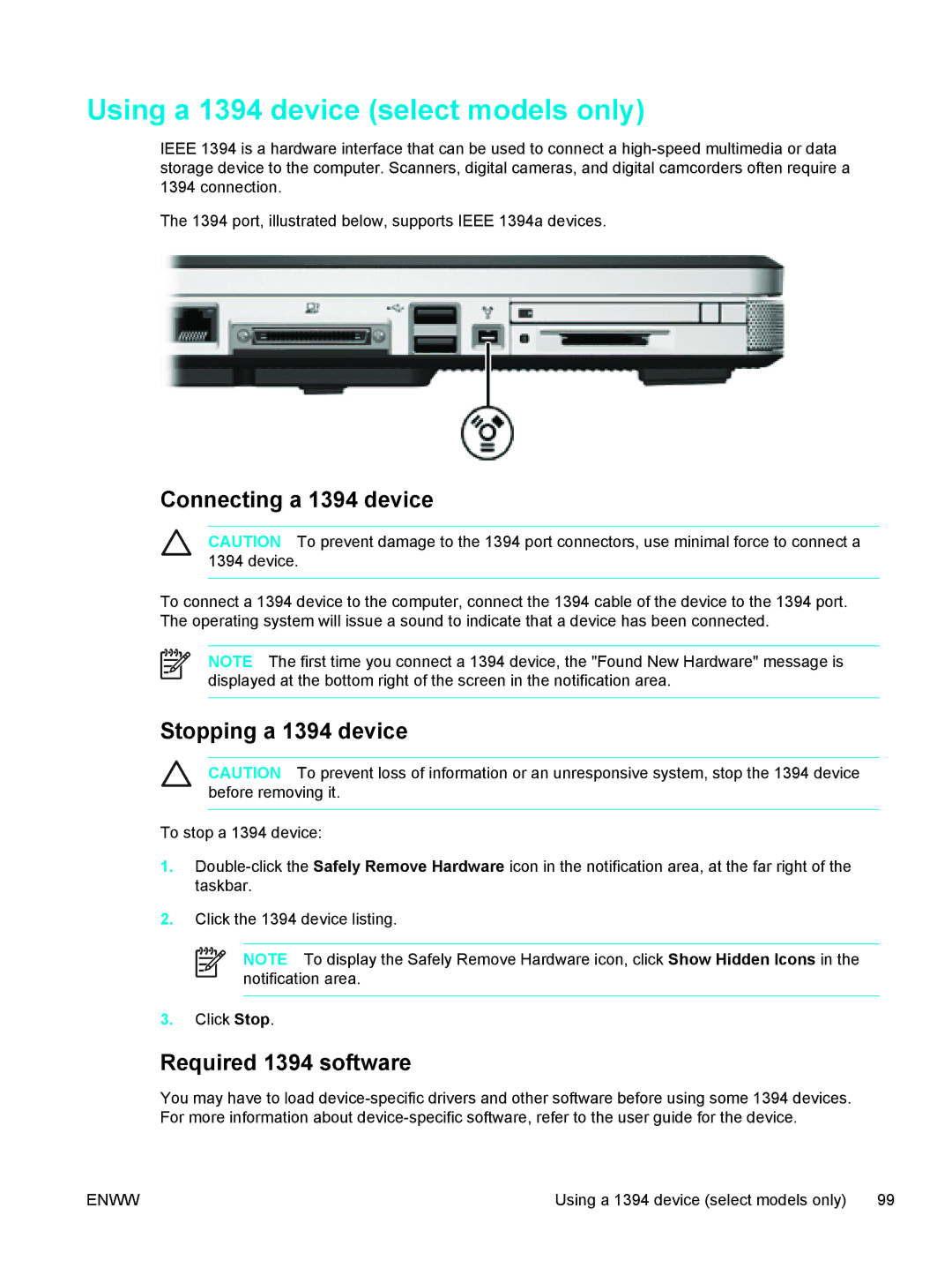 HP V5015US, V5210US, V5206OM manual Using a 1394 device select models only, Connecting a 1394 device, Stopping a 1394 device 