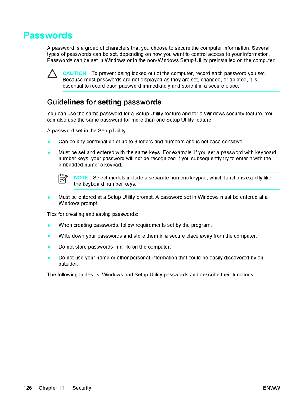 HP V5103AU, V5210US, V5206OM, V5304US, V5306US, V5315WM, V5310US, V5303NR, V5201CA Passwords, Guidelines for setting passwords 