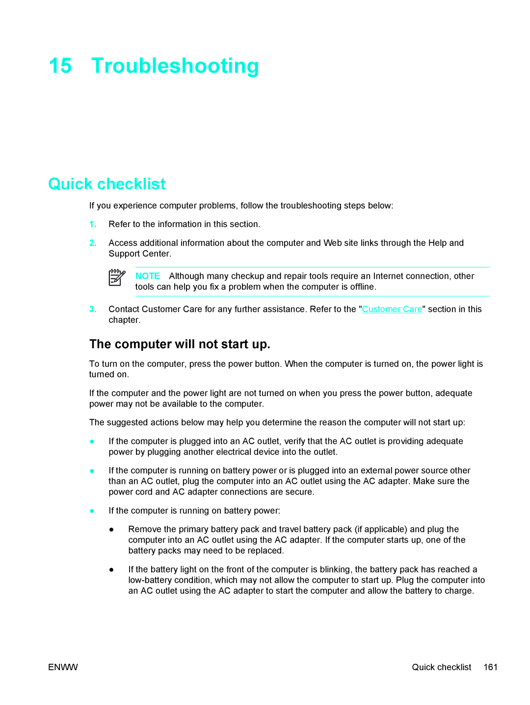 HP V5306US, V5210US, V5206OM, V5304US, V5315WM, V5310US, V5303NR Troubleshooting, Quick checklist, Computer will not start up 