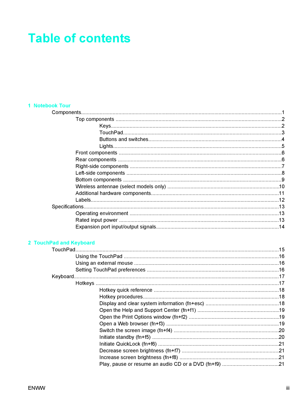 HP V5306US, V5210US, V5206OM, V5304US, V5315WM, V5310US, V5303NR, V5201CA, V5201US, V5102NR, V5103AU, V5104AU manual Table of contents 