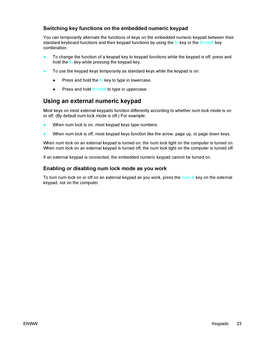 HP V5006EA, V5210US, V5206OM manual Using an external numeric keypad, Switching key functions on the embedded numeric keypad 