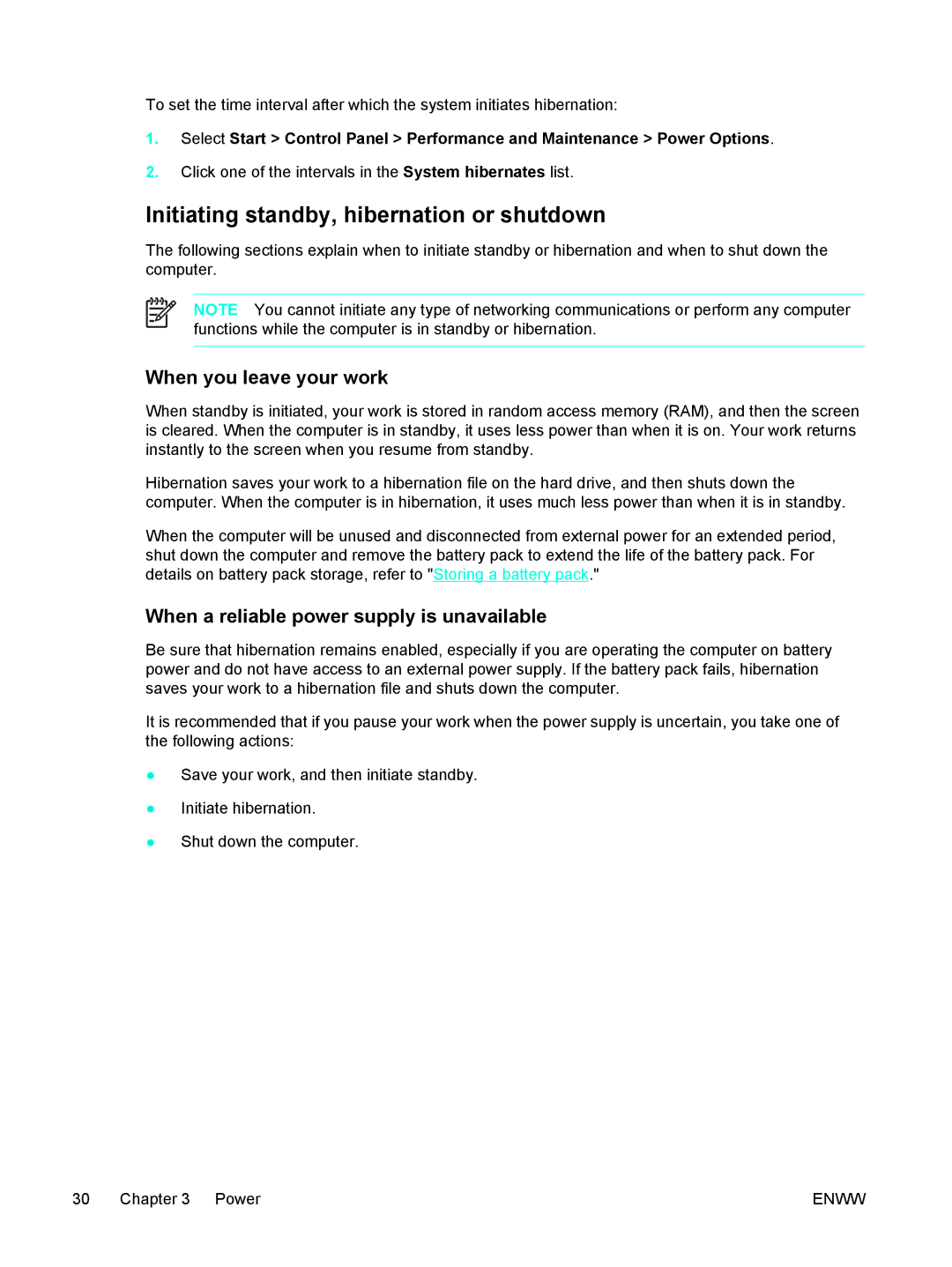 HP V5025EA, V5210US, V5206OM, V5304US, V5306US, V5315WM Initiating standby, hibernation or shutdown, When you leave your work 