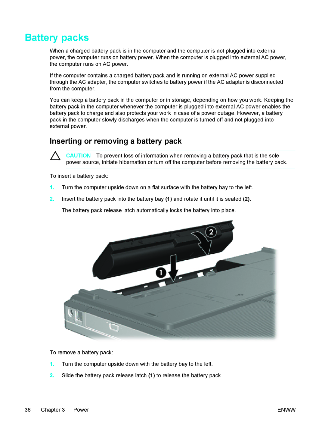 HP V5303NR, V5210US, V5206OM, V5304US, V5306US, V5315WM, V5310US, V5201CA Battery packs, Inserting or removing a battery pack 