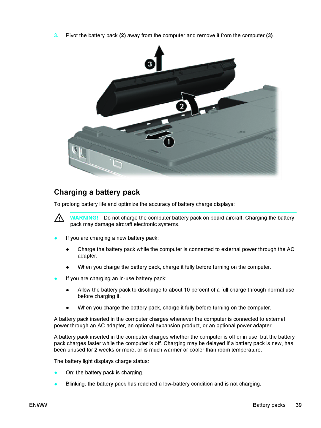 HP V5201CA, V5210US, V5206OM, V5304US, V5306US, V5315WM, V5310US, V5303NR, V5201US, V5102NR, V5103AU manual Charging a battery pack 