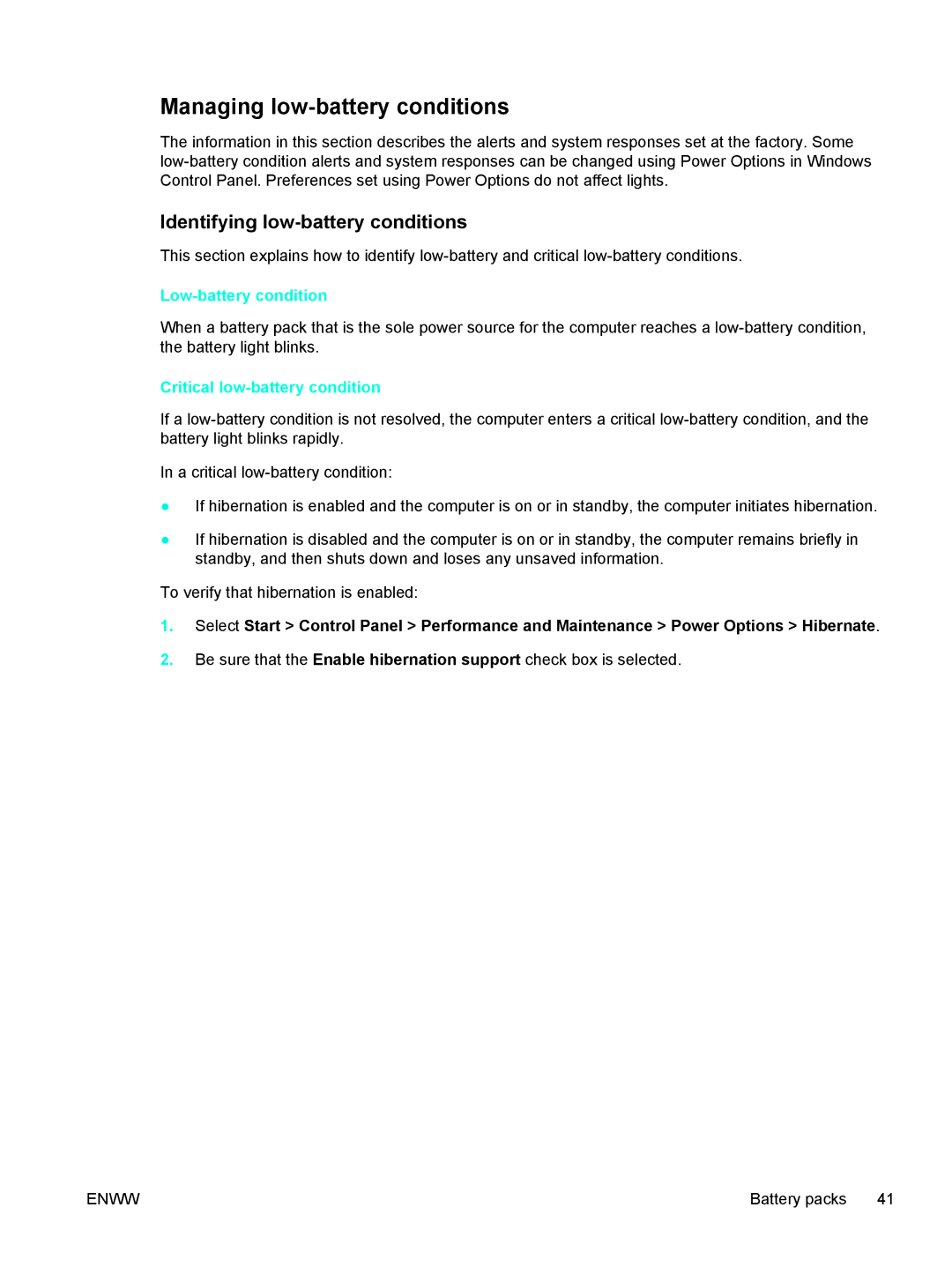 HP V5102NR, V5210US, V5206OM Managing low-battery conditions, Identifying low-battery conditions, Low-battery condition 