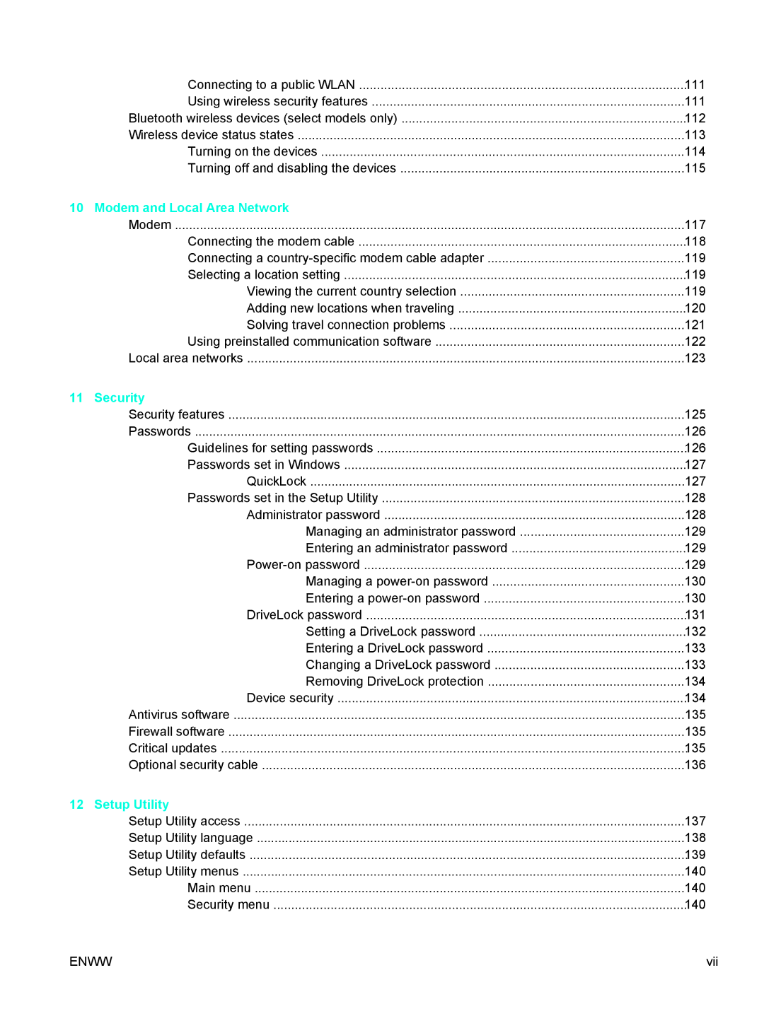 HP V5201CA, V5210US, V5206OM, V5304US, V5306US, V5315WM, V5310US, V5303NR Modem and Local Area Network, Security, Setup Utility 