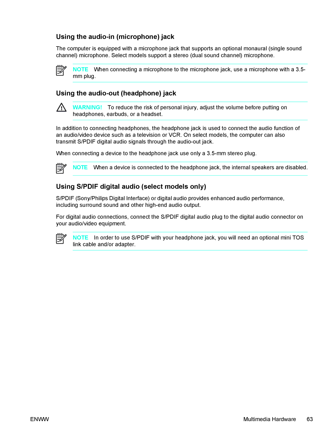 HP V5119US, V5210US, V5206OM, V5304US, V5306US, V5315WM Using the audio-in microphone jack, Using the audio-out headphone jack 