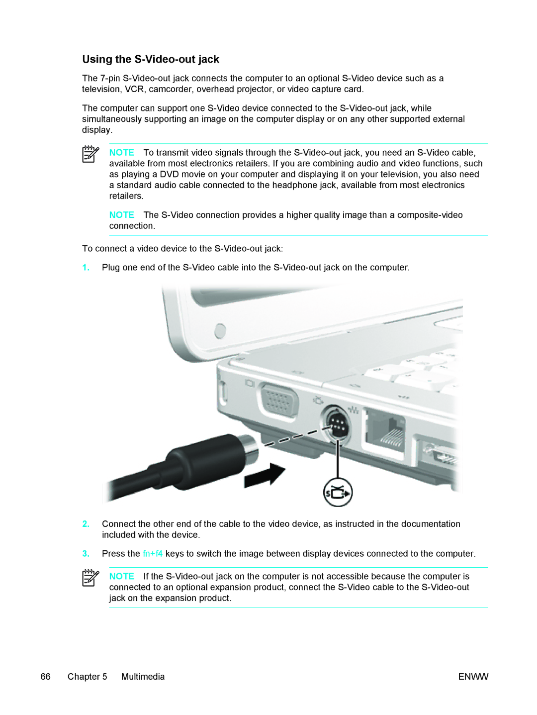 HP V5115CA, V5210US, V5206OM, V5304US, V5306US, V5315WM, V5310US, V5303NR, V5201CA, V5201US, V5102NR Using the S-Video-out jack 