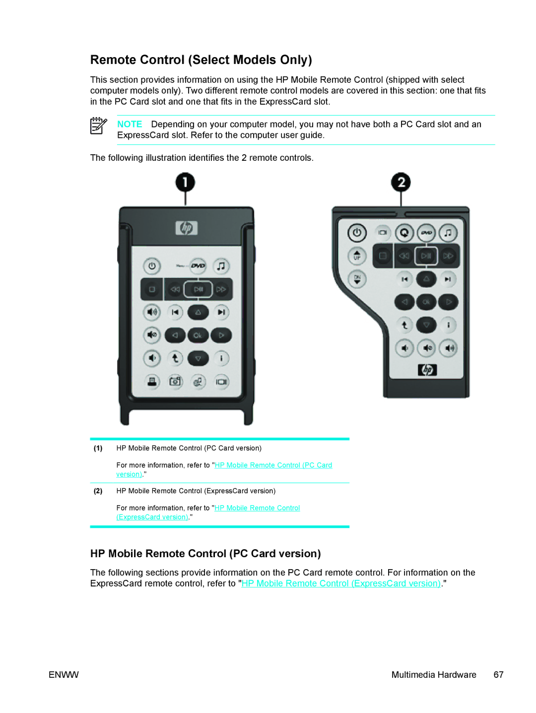 HP V5111EU, V5210US, V5206OM, V5304US, V5306US Remote Control Select Models Only, HP Mobile Remote Control PC Card version 