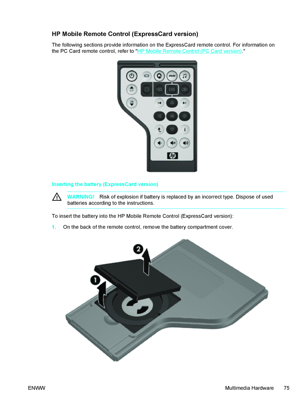 HP V5206OM, V5210US, V5304US manual HP Mobile Remote Control ExpressCard version, Inserting the battery ExpressCard version 