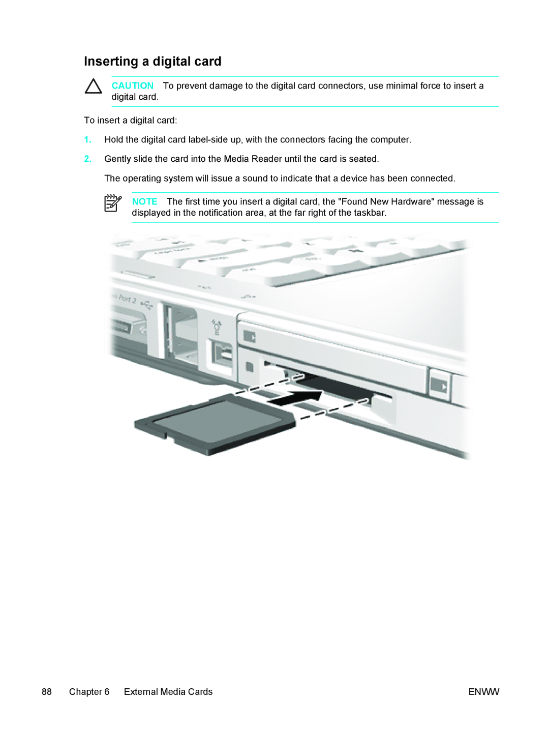 HP V5099XX, V5210US, V5206OM, V5304US, V5306US, V5315WM, V5310US, V5303NR, V5201CA, V5201US, V5102NR manual Inserting a digital card 