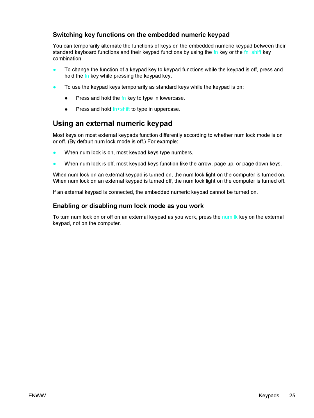 HP V5203TU, V5224TU, V5221TU, V5300 Using an external numeric keypad, Switching key functions on the embedded numeric keypad 