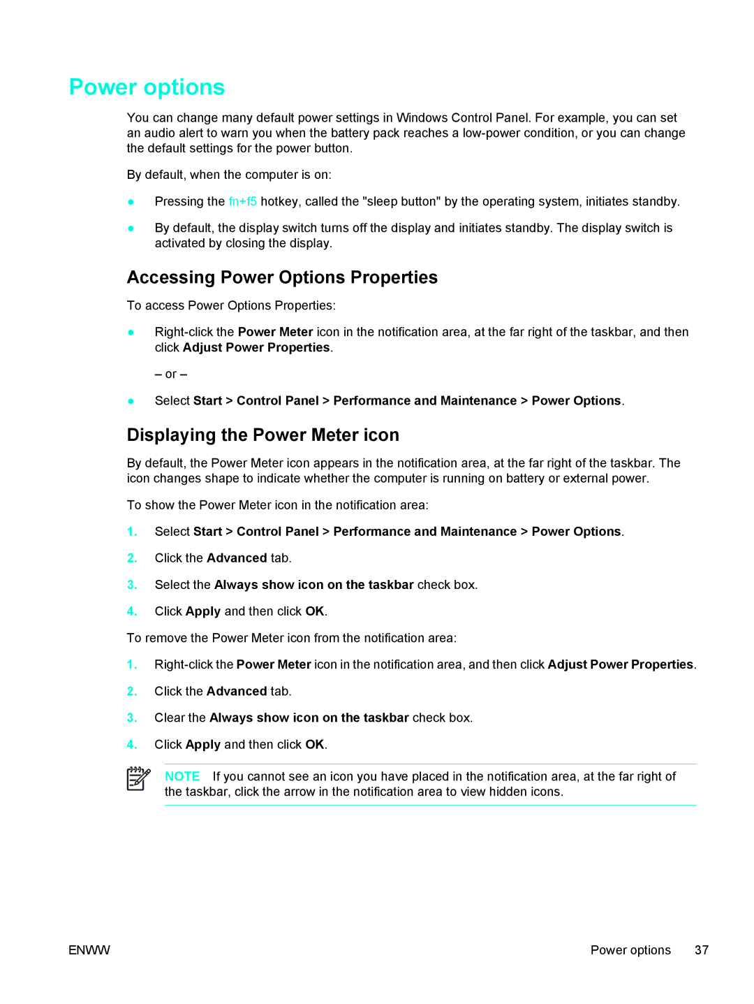 HP V5224TU, V5221TU, V5221EA, V5219TU Power options, Accessing Power Options Properties, Displaying the Power Meter icon 