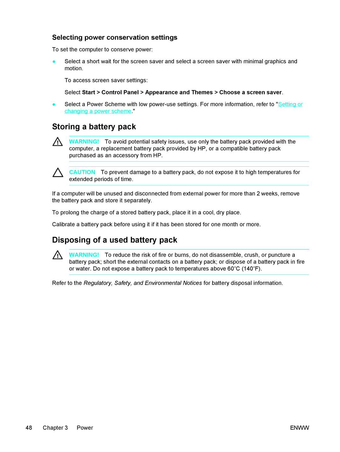 HP V5209US, V5224TU, V5300 Storing a battery pack, Disposing of a used battery pack, Selecting power conservation settings 