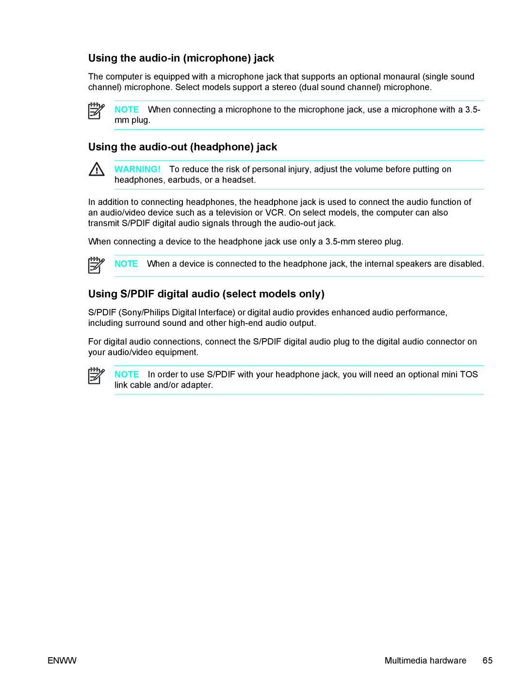 HP V5228TU, V5224TU, V5221TU, V5221EA, V5219TU, V5218TU Using the audio-in microphone jack, Using the audio-out headphone jack 