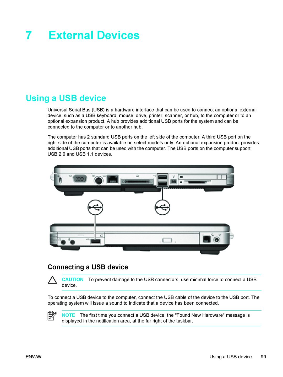 HP V5204TU, V5224TU, V5221TU, V5221EA, V5219TU, V5218TU, V5215LA External Devices, Using a USB device, Connecting a USB device 