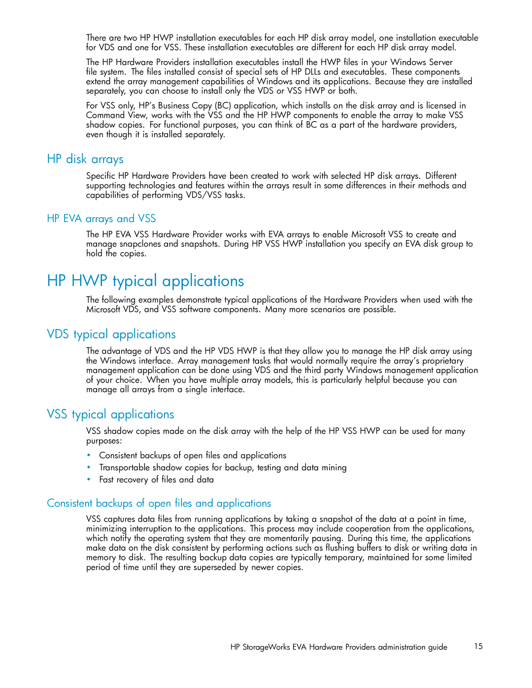 HP V6.0 Software manual HP HWP typical applications, HP disk arrays, VDS typical applications, VSS typical applications 