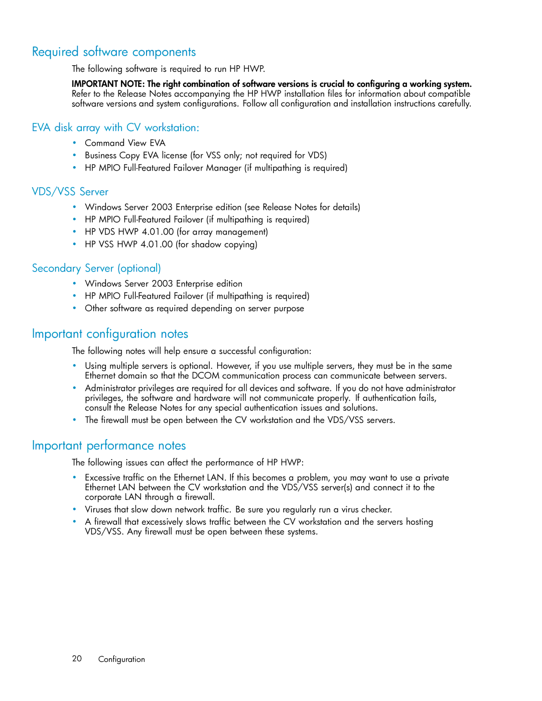 HP V6.0 Software manual Required software components, Important conﬁguration notes, Important performance notes 