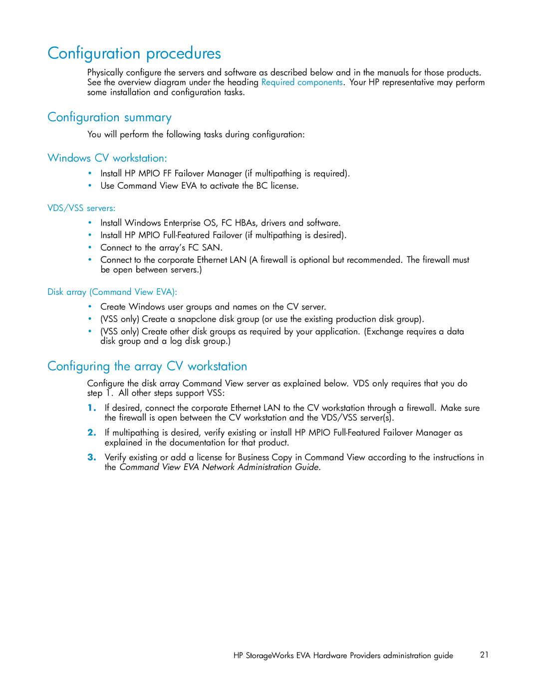 HP V6.0 Software manual Conﬁguration procedures, Conﬁguration summary, Conﬁguring the array CV workstation 