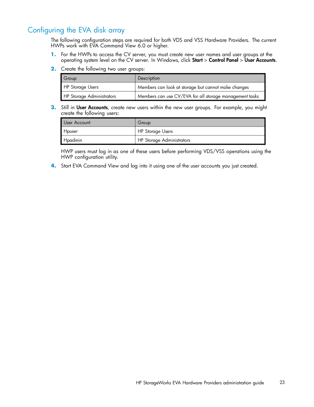 HP V6.0 Software manual Conﬁguring the EVA disk array, Create the following two user groups 