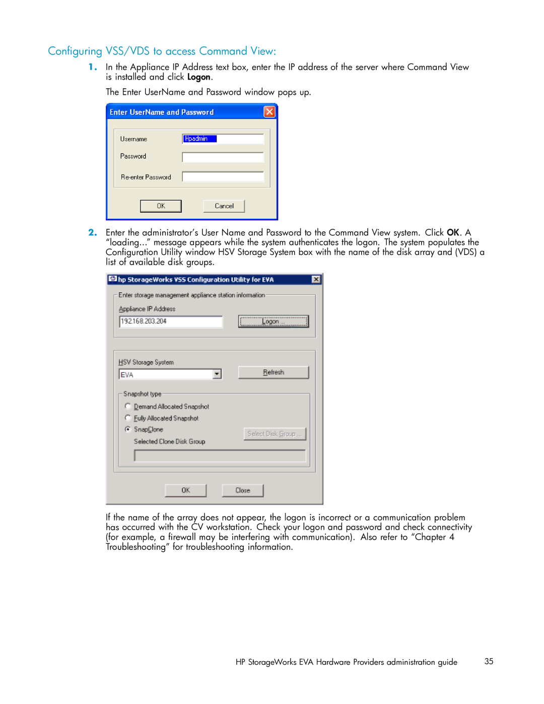 HP V6.0 Software manual Conﬁguring VSS/VDS to access Command View 