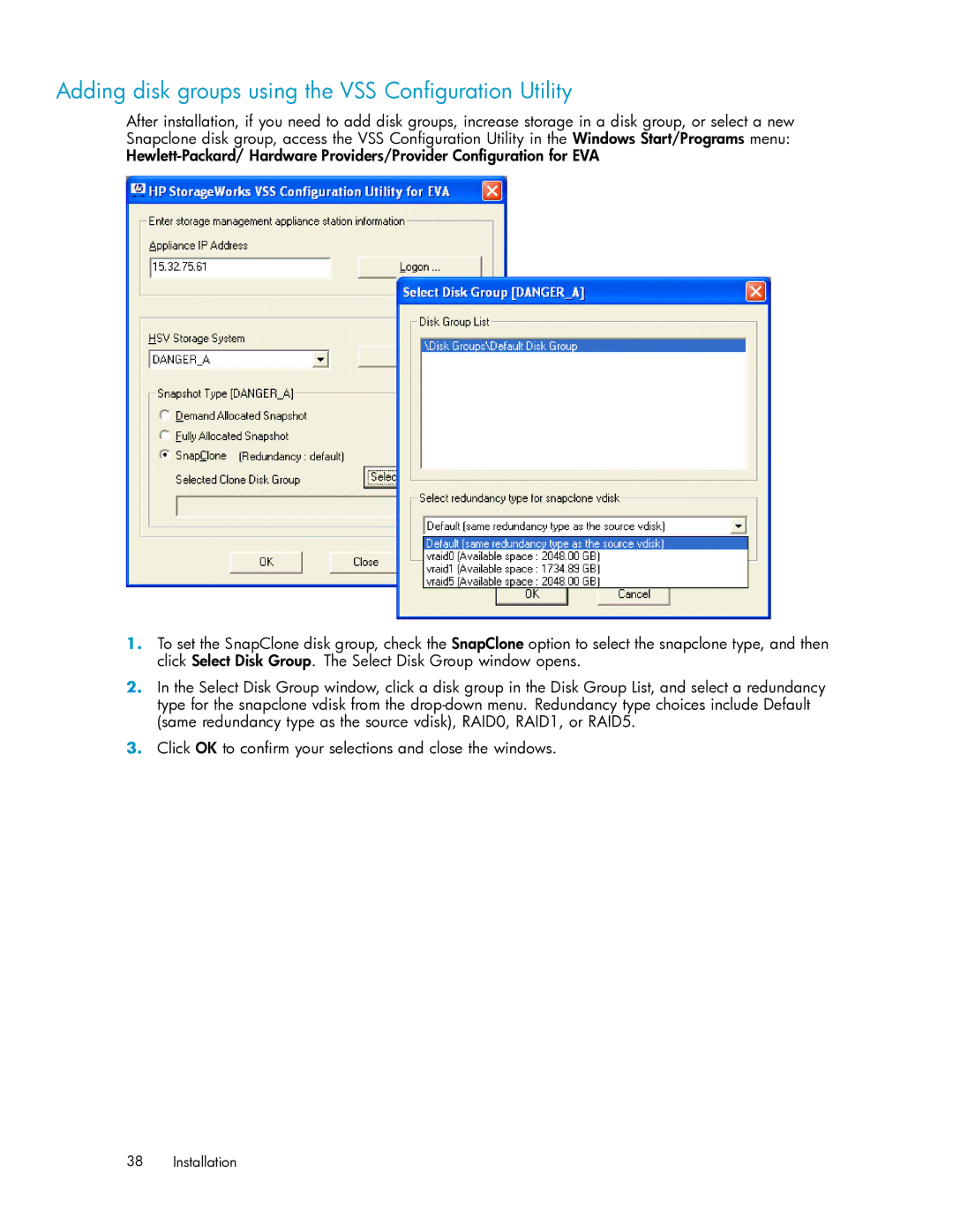 HP V6.0 Software manual Adding disk groups using the VSS Conﬁguration Utility 