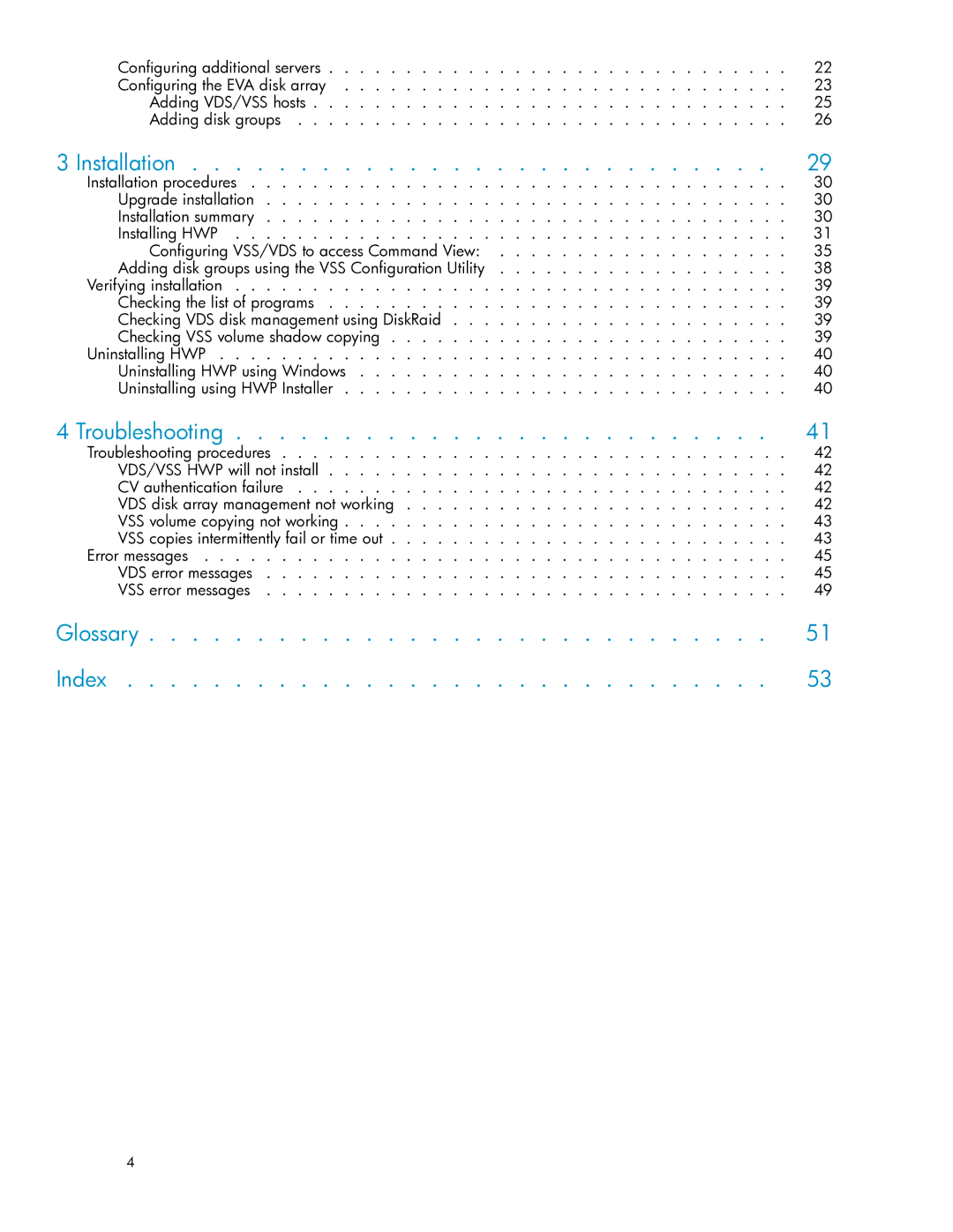 HP V6.0 Software manual Installation, Troubleshooting, Glossary Index 