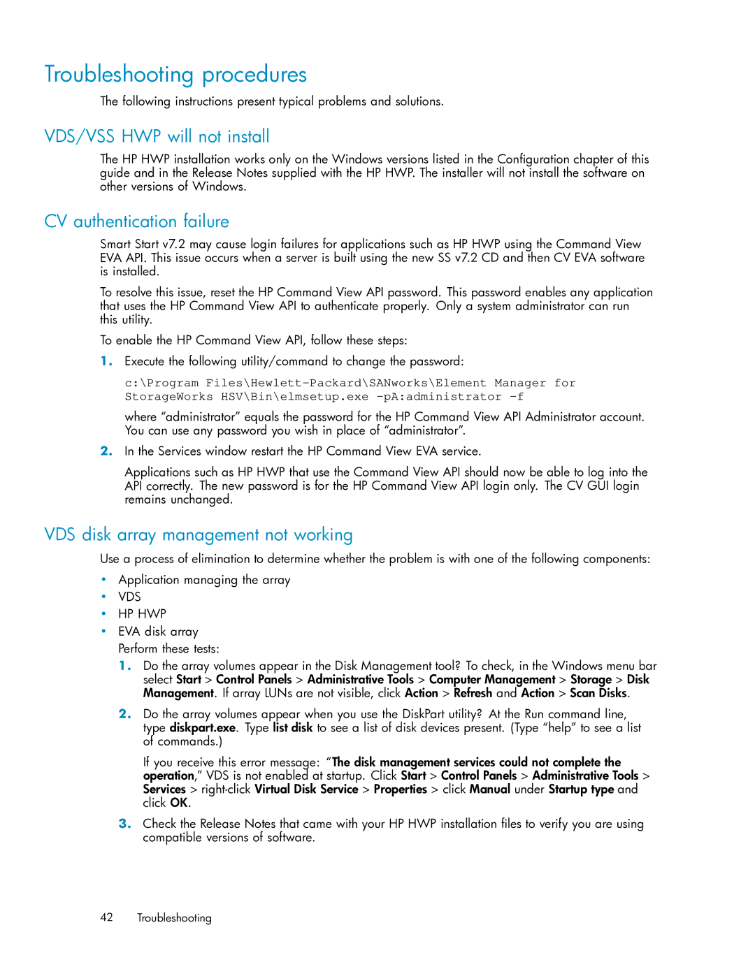 HP V6.0 Software manual Troubleshooting procedures, VDS/VSS HWP will not install, CV authentication failure 