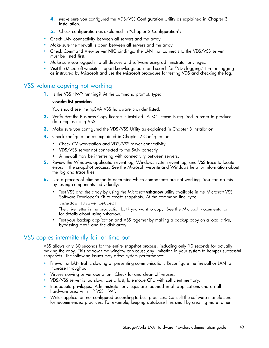 HP V6.0 Software manual VSS volume copying not working, VSS copies intermittently fail or time out 