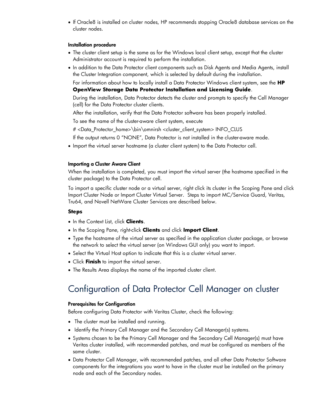 HP V6.0 Software manual Configuration of Data Protector Cell Manager on cluster, Steps 