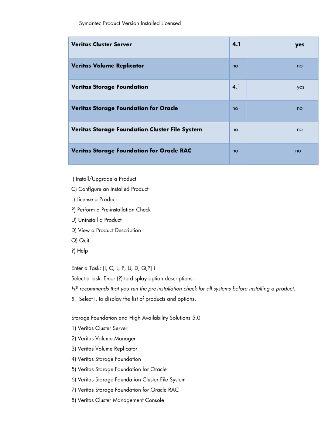 HP V6.0 Software manual Symantec Product Version Installed Licensed 