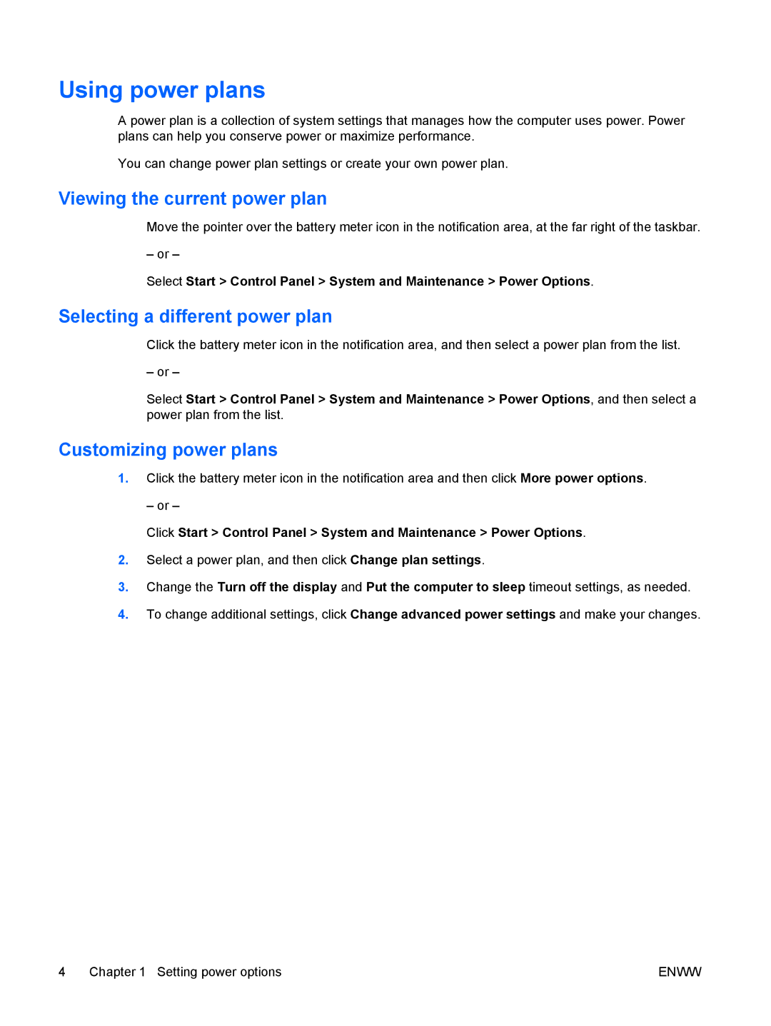 HP V6399XX Using power plans, Viewing the current power plan, Selecting a different power plan, Customizing power plans 