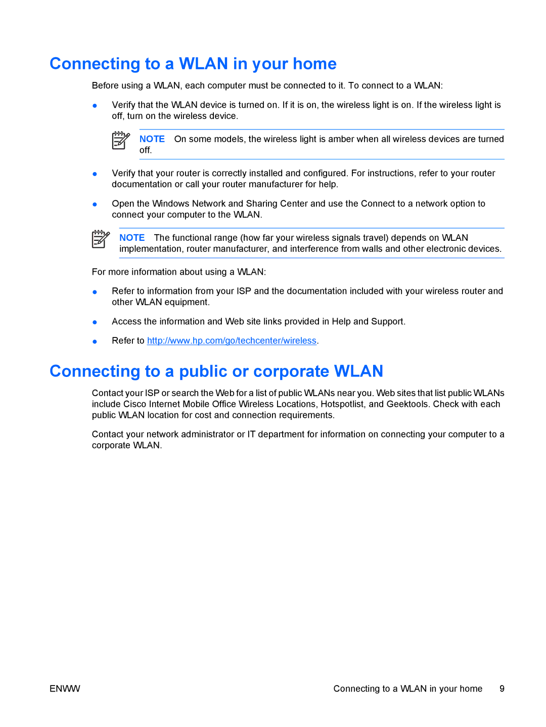 HP V6400, V6000Z, V6000TX, V6410TU, V6407TU, V6200 Connecting to a Wlan in your home, Connecting to a public or corporate Wlan 