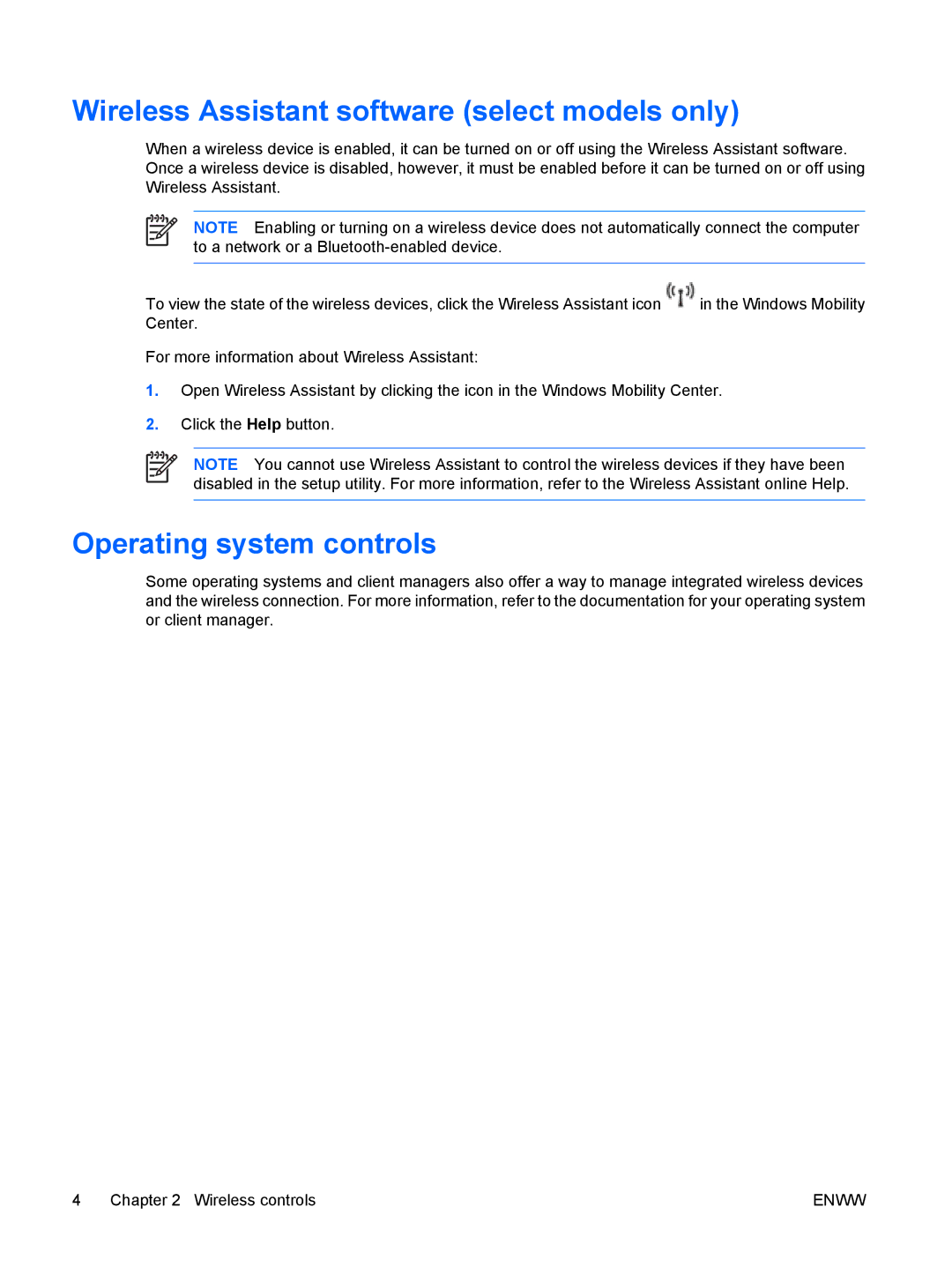 HP V6403TU, V6000Z, V6000TX, V6410TU, V6407TU, V6400 Wireless Assistant software select models only, Operating system controls 