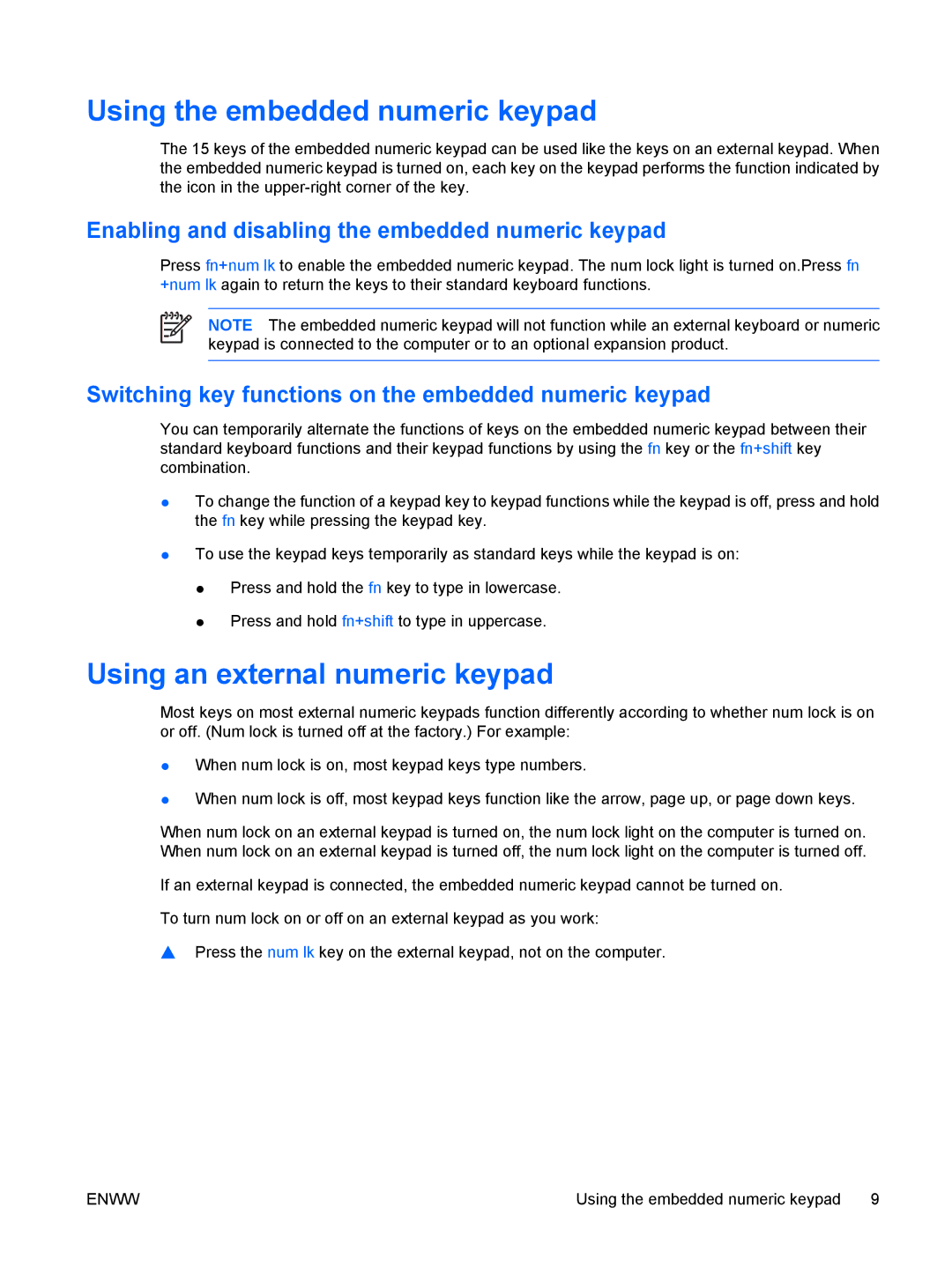 HP V6206AU Enabling and disabling the embedded numeric keypad, Switching key functions on the embedded numeric keypad 