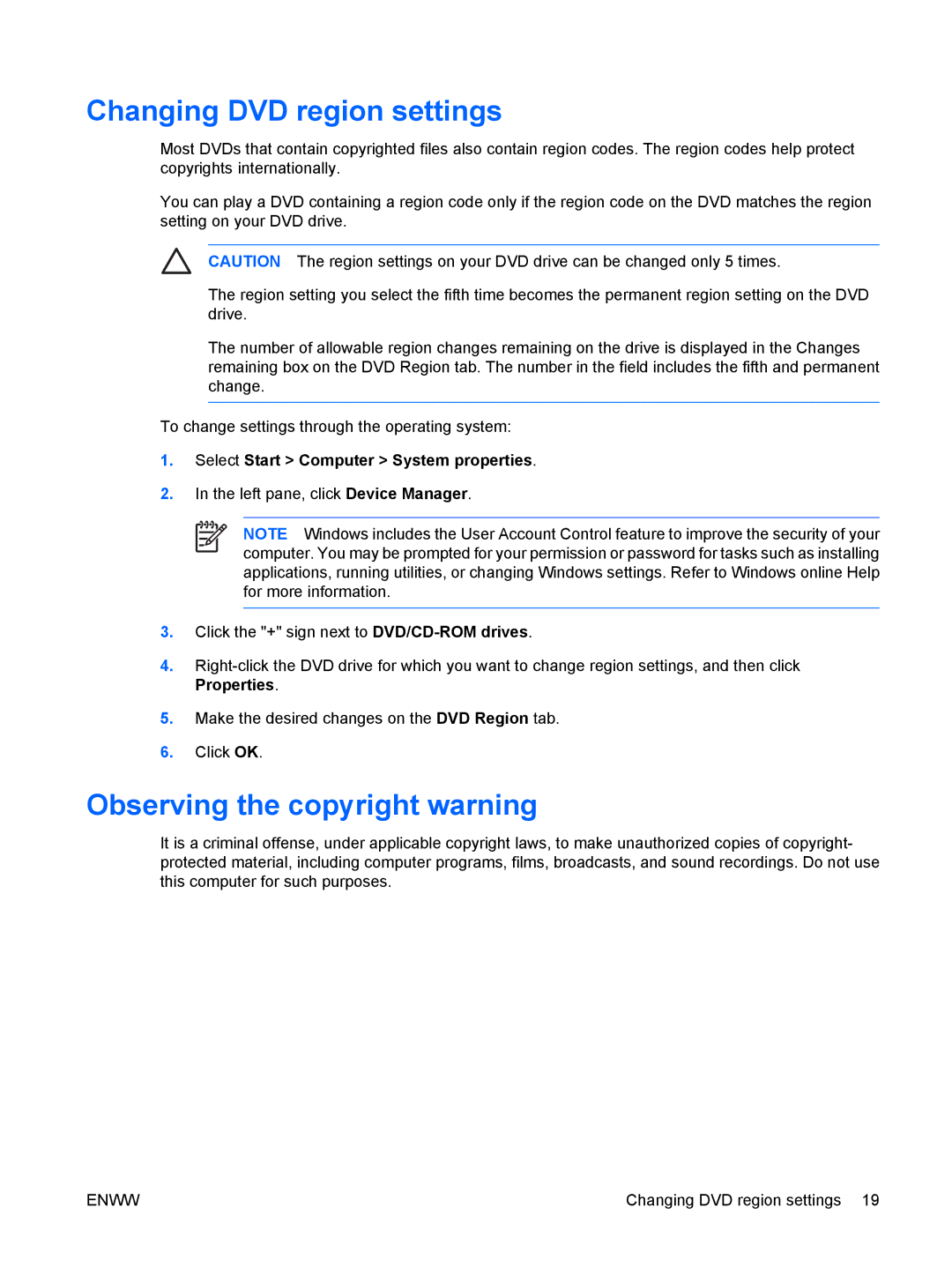 HP V6205NR, V6000Z, V6410CA, V6403AU, V6401XX, V6401AU, V6399XX Changing DVD region settings, Observing the copyright warning 