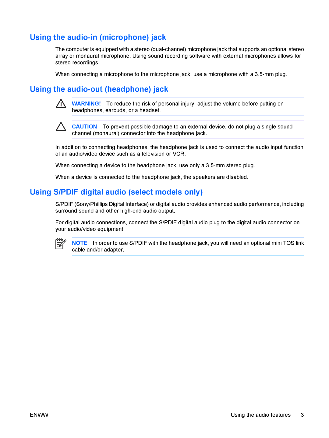 HP V6318CA, V6000Z, V6410CA, V6403AU, V6401XX, V6401AU Using the audio-in microphone jack, Using the audio-out headphone jack 