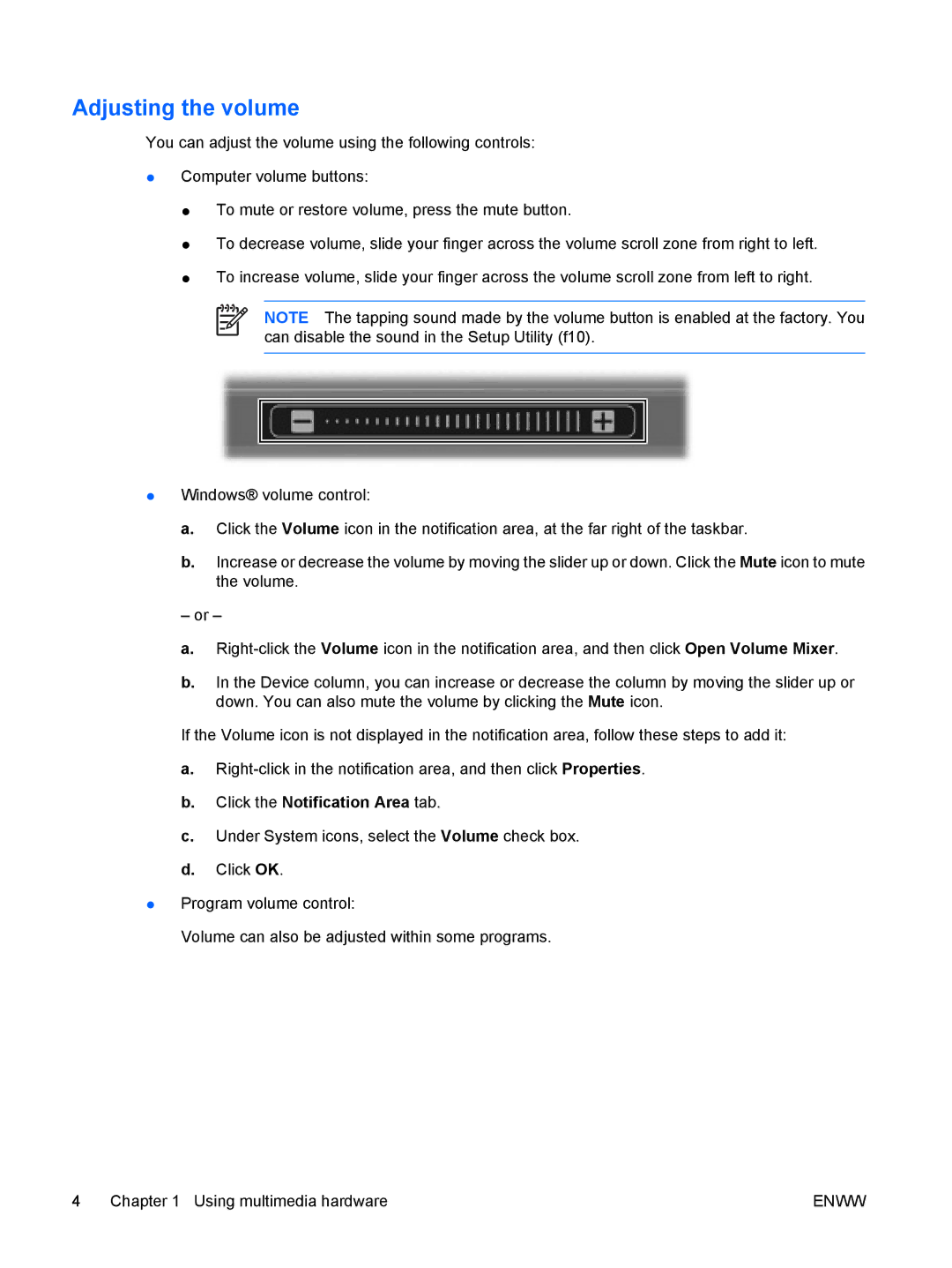 HP V6318TU, V6000Z, V6410CA, V6403AU, V6401XX, V6401AU, V6399XX, V6320CA Adjusting the volume, Click the Notification Area tab 